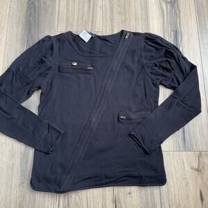 CHANEL Cashmere Blend Zip Cardigan Size 38 Black Gold Button Sweater Puff Sleeve